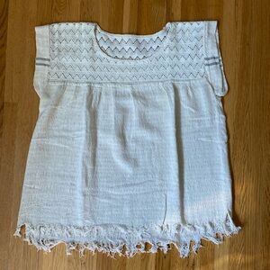 Cream gauze top with grey stripe on cap sleeves - size Medium